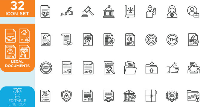 Legal Documents line editable Vector illustration icon set. featuring contract, agreement, court order, passport, visa, affidavit, and compliance concepts for legal services. on transparent background