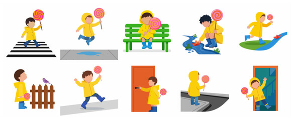 Fototapeta premium Little boy in yellow raincoat character set with lollipop and various rainy day activities illustration