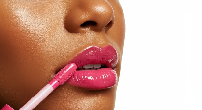 Close-up of a Woman Applying Shiny Pink Lip Gloss to Her Lips for a Glamorous Look