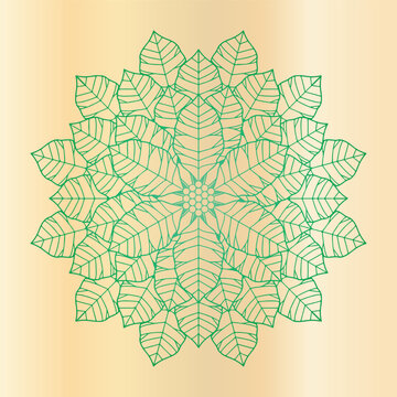 Green mandala made of leaves, detailed nature-inspired pattern on a light gradient background, organic design.