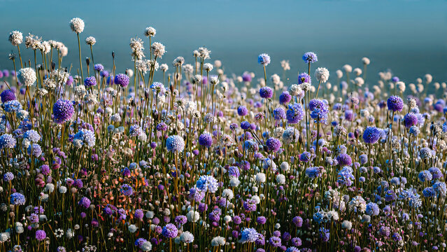 Champ fleuri de fleurs mauves et blanches