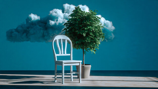Chaise avec arbre en pot et nuage en int&eacute;rieur