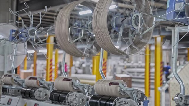 Close-up view of a yarn bobbin and metal winding mechanism inside a textile factory. This video frame shows yarn transfer, bobbin winding, machine detail, production process, and industrial textile wo