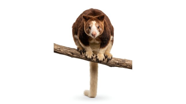 Matschie tree kangaroo sitting on a branch isolated on white background.