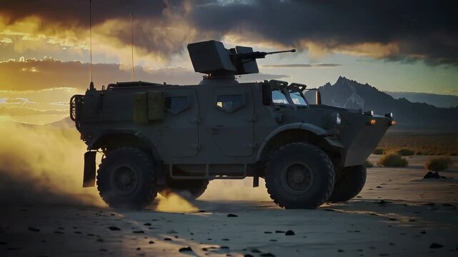 Military vehicle drives across desert landscape during sunset near mountains