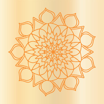 Orange mandala with geometric radiating pattern, circular design on light gradient, vibrant decorative motif.