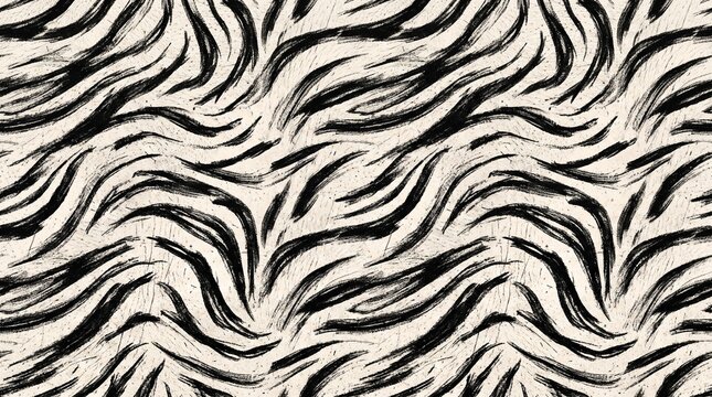 Seamless pattern with black and white zebra stripes painted with a dry brush. Horizontal background with hand drawn animal skin texture