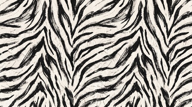 Seamless pattern with black and white zebra stripes painted with a dry brush. Horizontal background with hand drawn animal skin texture