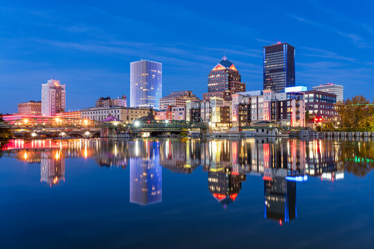 Rochester, New York, USA downtown city skyline on the Genesee River