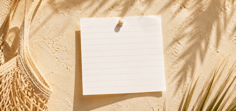 Wide Blank Note Paper Mockup on Sandy Beach with Palm Shadows