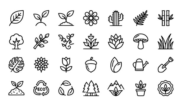 Botanical Garden Nature Outline Icon Collection Featuring Leaves Flowers Plants Trees and Gardening Elements
