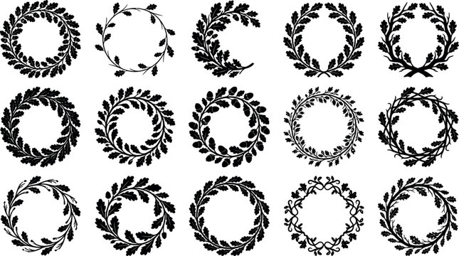 A collection of fifteen diverse circular floral and botanical wreaths featuring intricate silhouettes of leaves branches berries grains and pine cones on white