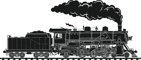 Vintage steam locomotive train black silhouette vector illustration isolated on white background with thick smoke plume blowing from the engine smokestack © MdRuhan