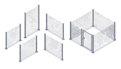 Fototapeta premium Industrial metal chain-link fence panels and a enclosed cage structure with a latch gate shown in isometric view.