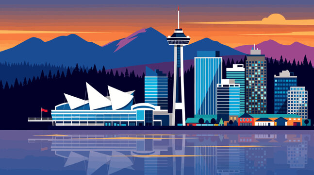 Seattle Skyline Vector Illustration with Space Needle and Mountains