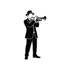 Man in Fedora playing trumpet in sharp suit during a solo performance with subtle studio lighting and clean background © AKTER STOCK