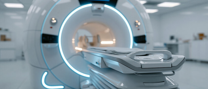  Close-up detalhado de um moderno aparelho de resson&acirc;ncia magn&eacute;tica (RM) e tomografia computadorizada com maca vazia em uma sala de hospital iluminada. Equipamento m&eacute;dico de alta tecnologia com luzes 