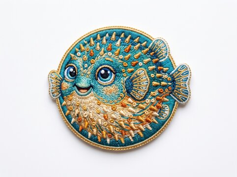 Cute pufferfish embroidered round patch artwork isolated on white background
