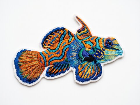 Vibrant mandarinfish embroidered patch artwork isolated on white background
