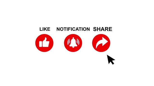The animated reveal of the like, share, and bell notification buttons. Isolated on a green background. like comment subscribes and share animation. YouTube Subscribe, 4k video animation. Mouse cursor 