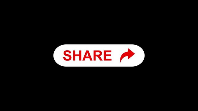 Animation of a YouTube share button with text and icon. Isolated on a black background with an alpha channel. Click on share button with computer arrow cursor, 4k video