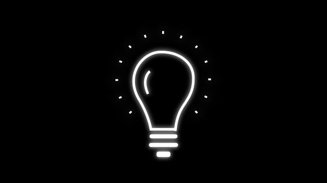 An animated light bulb is flashing on a black background. Alpha channel. Light bulb idea concept.  illustrating ideas, solutions, smart thinking, intellectual power, AI visuals, learning process