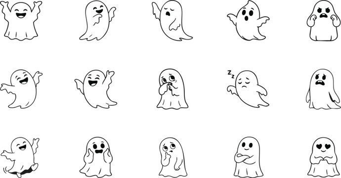 Cute ghost emoticons set halloween line art illustrations
