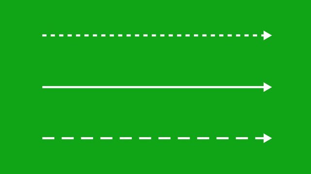 White straight arrows animation, White straight arrows animation. Reveal and hide animation of solid, dashed, and dotted arrows. Isolated on a black background. 4k 