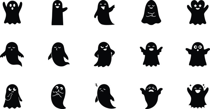 Collection of black silhouette ghost icons with various cute expressions