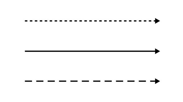 White straight arrows animation, White straight arrows animation. Reveal and hide animation of solid, dashed, and dotted arrows. Isolated on a black background. 4k 