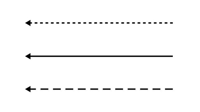 White straight arrows animation. Reveal and hide animation of solid, dashed, and dotted arrows. Isolated on a black background. 3 dot arrows icon sign. 4k 