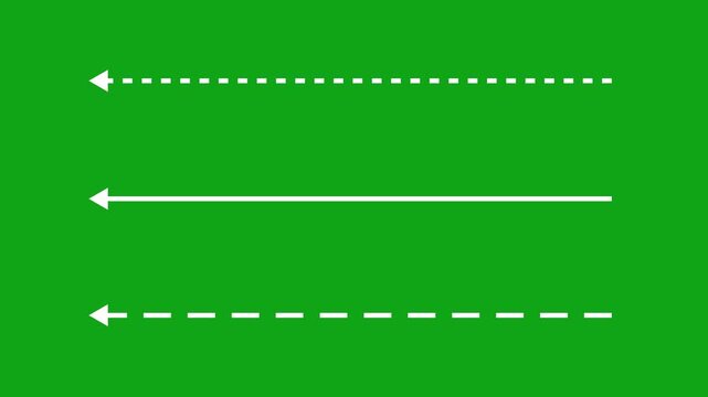 White straight arrows animation. Reveal and hide animation of solid, dashed, and dotted arrows. Isolated on a black background. 3 dot arrows icon sign. 4k 