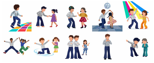 Fototapeta premium Set of Diverse Kids Dancing and Posing in 70s Disco Style Outfits for Party Celebration