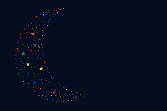 Colorful star confetti forming a crescent moon shape on Navy Blue background with copy space