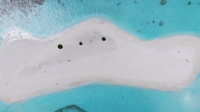 Top down aerial shows Dhigurah island sandbank, three round vegetation clusters, coral reef patches, gentle ripples, sun glints, and tiny specks on white sand.