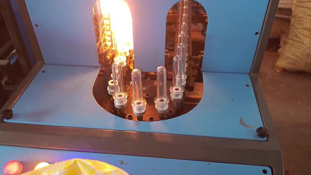 Close up of worker placing plastic preforms in automated bottle making factory heater
