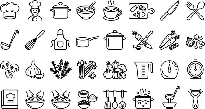 Kitchen utensils and vegetable cutting linear icons collection with pots pans mixing bowls and spice rack graphics