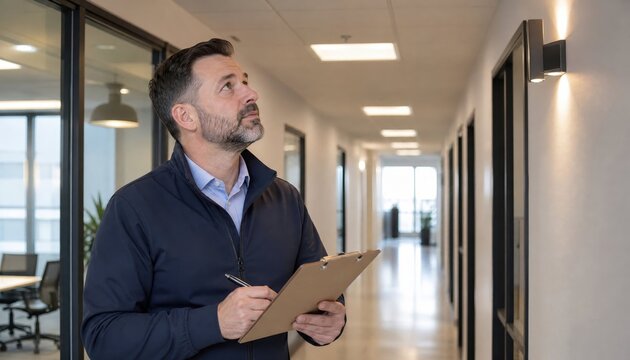 Facility Manager Inspecting Modern Office Building Corridor