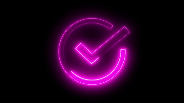 Glowing neon Animated green check mark icon. Isolated on a white background. Checkmark animation in a green circle. 