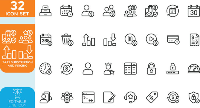 SaaS Subscription and Pricing line editable Vector illustration icon set. Bundle of billing, payment, subscription plan, invoice, and cloud pricing icons for business presentation.