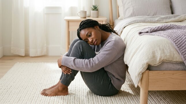 Young woman feeling sad and lonely sitting on the floor by her bed