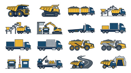 Professional of Heavy Construction Equipment and Trucks in Yellow and Blue Color Scheme with high quality professional line art symbols for modern creative design and digital branding projects © Jibril