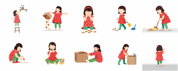 Fototapeta premium Illustration set of a little girl spilling cookies, cleaning the mess, and learning responsibility