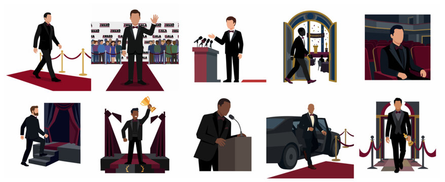 Set of vector illustrations featuring elegant men in tuxedos during an awards ceremony, red carpet gala, and formal celebrity events.