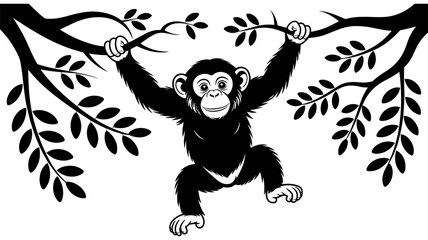 Adobe Illustrator ArtworkBlack and white illustration of a cute monkey hanging from a tree branch in a playful style © Feroz Hasan