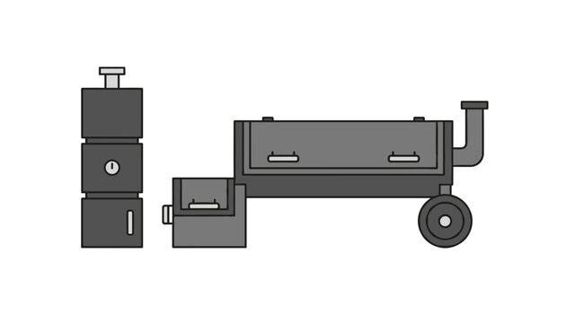 Technical graphic of a professional offset smoker grill next to a vertical drum smoker in simple grey colors.