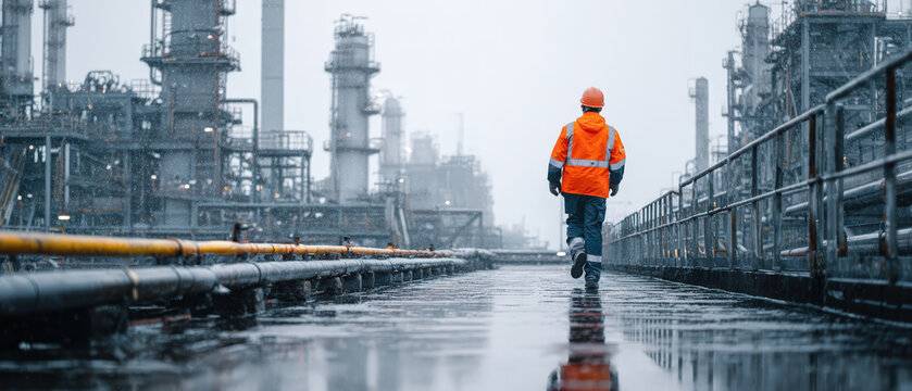 Rear view of industrial worker in orange safety jacket and helmet walking through refinery plant in rainy conditions. Concept of oil industry, maintenance, safety, engineering and industrial workforce