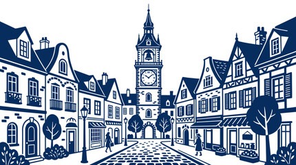 Fototapeta premium Charming European Town Square with Clock Tower and Traditional Buildings