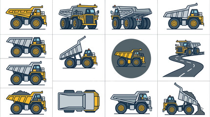Sleek Collection of Vibrant Yellow and Gray Construction Dump Trucks and Heavy Machinery Icons with high quality professional line art symbols for modern creative design and digital branding projects © Jibril
