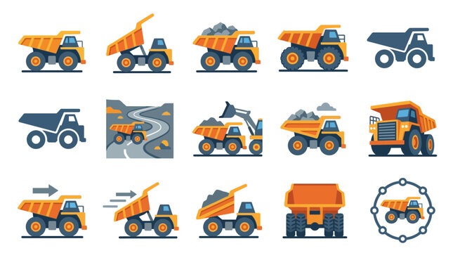 Industrial Set of Colorful Dump Trucks and Heavy Machinery in Action and Static Forms with high quality professional line art symbols for modern creative design and digital branding projects